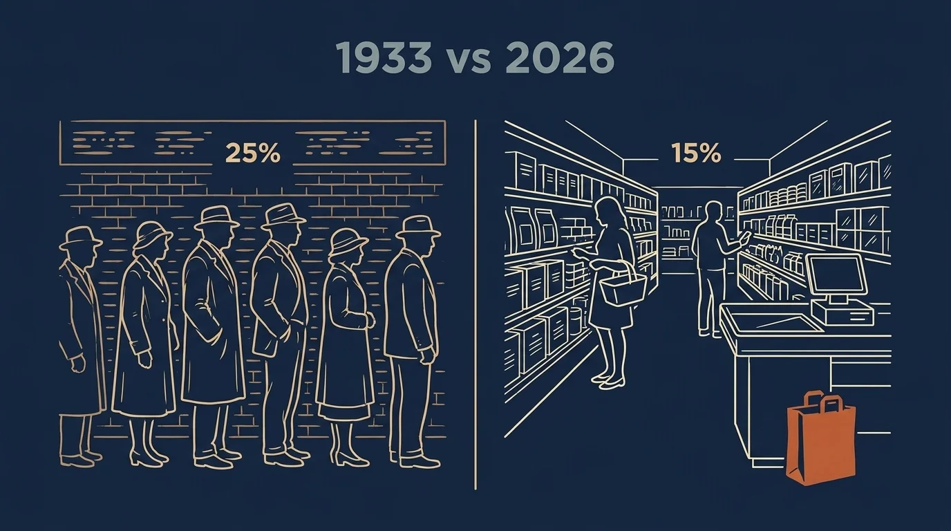 Period-vs-modern editorial illustration juxtaposing a 1930s breadline scene with a 2026 grocery store interior