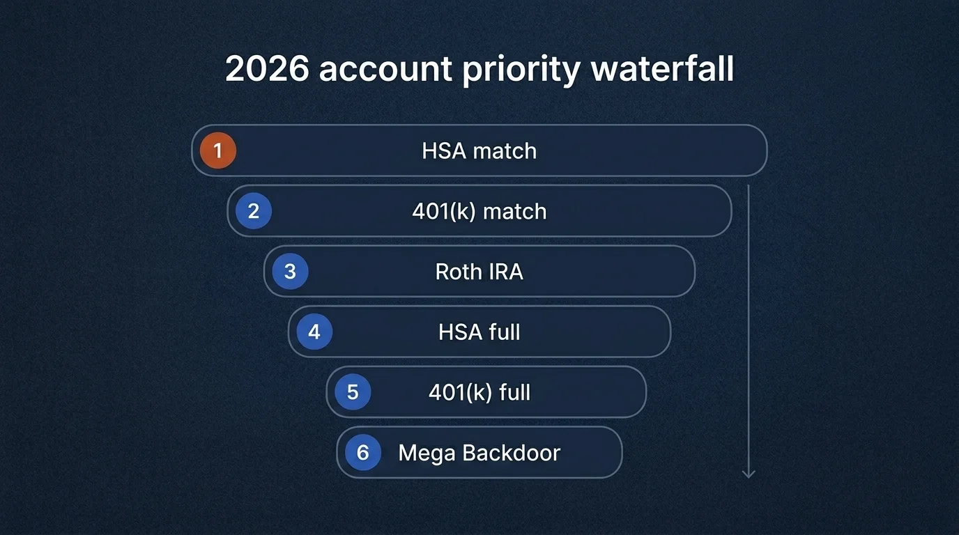 Six-tier savings waterfall on deep navy: HSA match (burnt orange), 401(k) match, Roth IRA, HSA, 401(k), Mega Backdoor