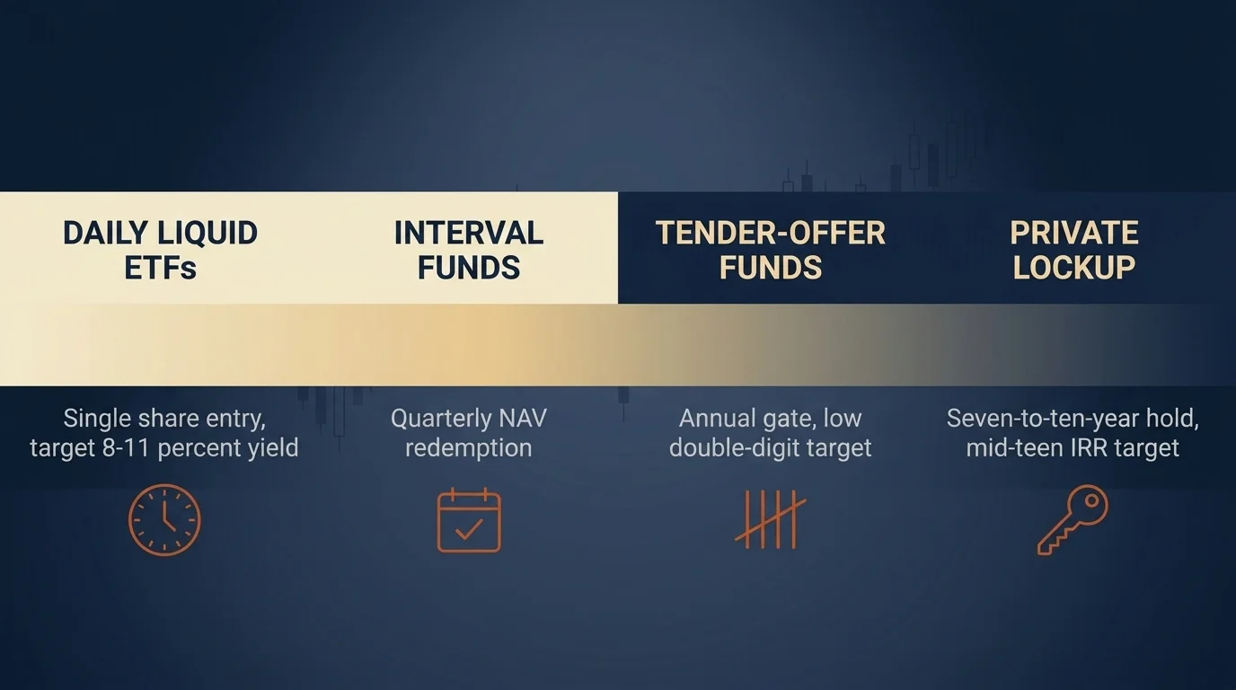 Liquidity spectrum chart, four tiers from daily-liquid ETFs to seven-to-ten-year private lockup, with target return ranges