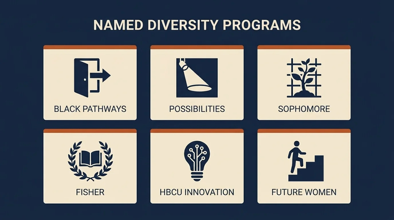 Card grid of six bank diversity programs — Black Pathways, Possibilities, Sophomore, Fisher, HBCU Innovation, Future Women