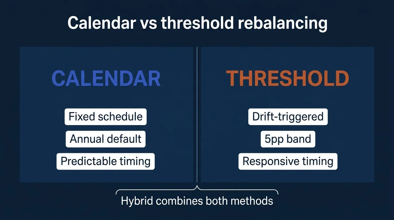 Two-panel diagram on deep navy: CALENDAR (royal blue) and THRESHOLD (burnt orange) converging on Hybrid