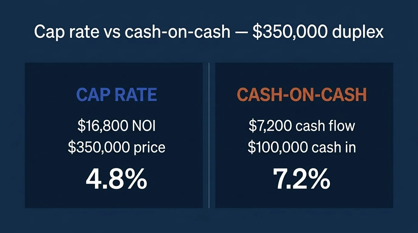 Two-panel on deep navy: CAP RATE royal blue ($16,800/$350,000 = 4.8%) vs CASH-ON-CASH burnt orange ($7,200/$100,000 = 7.2%)