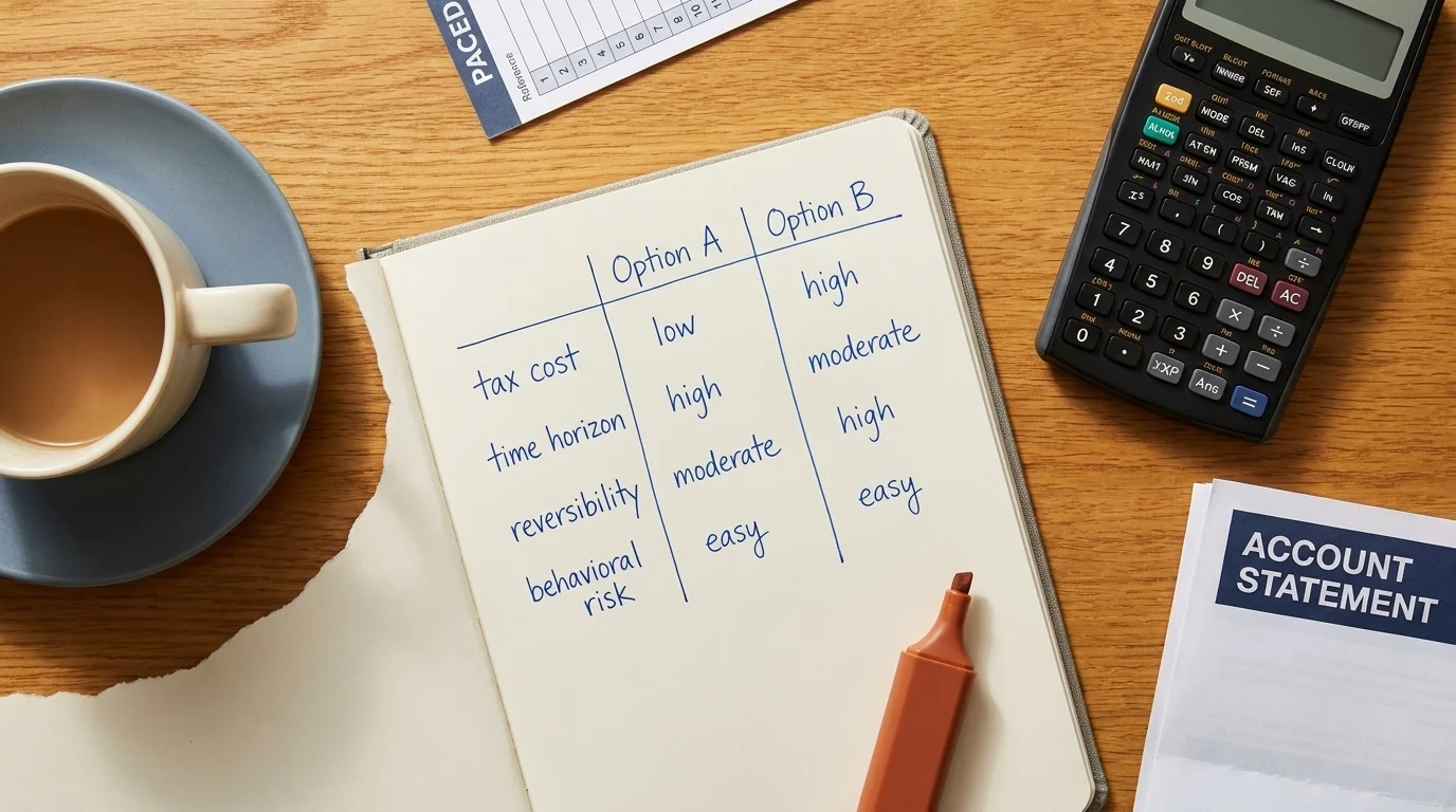 Overhead flat-lay of a decision matrix comparing two options across tax, time horizon, and behavioral risk criteria