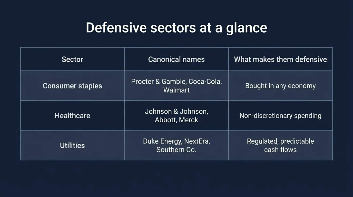 Defensive sectors table on deep navy: Consumer staples, Healthcare, Utilities — with three example tickers per row