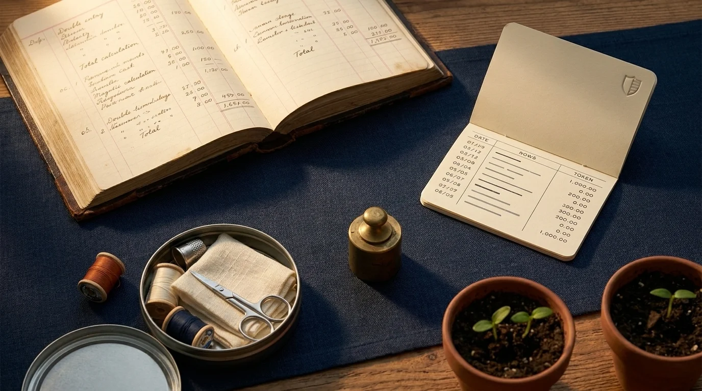 Depression-era memorabilia flat-lay: antique ledger book, passbook savings book, sewing kit, and a small vegetable garden