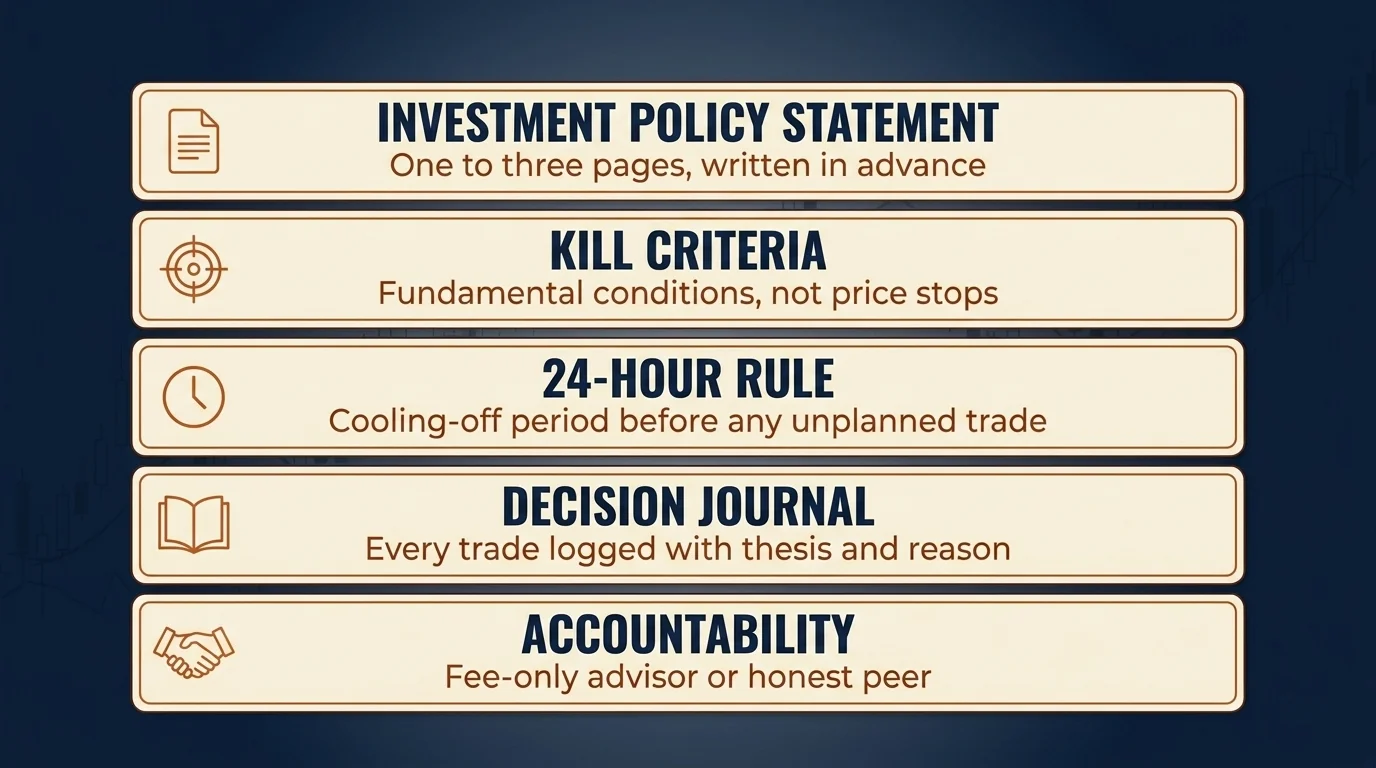 Five stacked tiles of the disciplined investor toolkit — IPS, kill criteria, 24-hour rule, decision journal, accountability