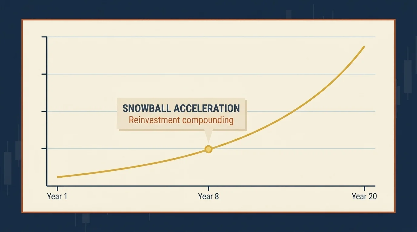 Accelerating dividend-snowball line chart showing 20 years of compounding annual dividend income