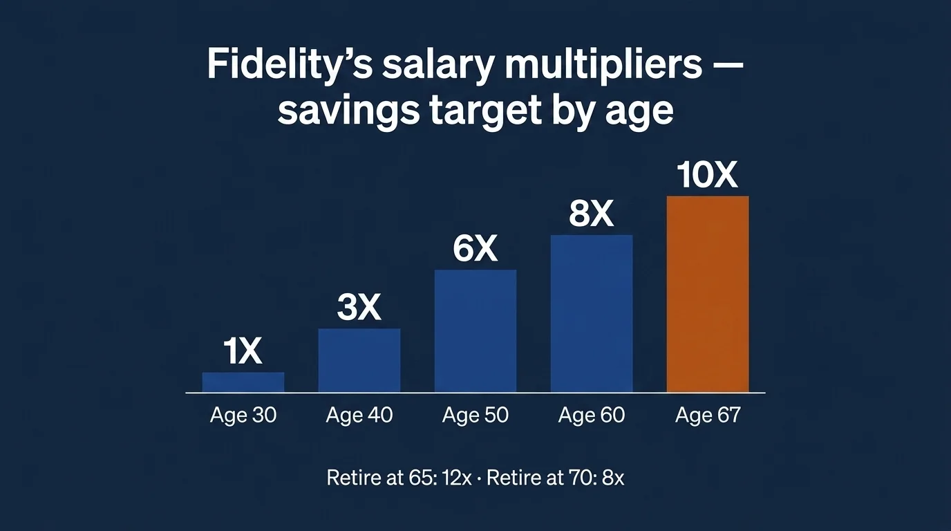 Five bars on deep navy — Age 30 (1x), 40 (3x), 50 (6x), 60 (8x), 67 in burnt orange (10x) — retirement multipliers