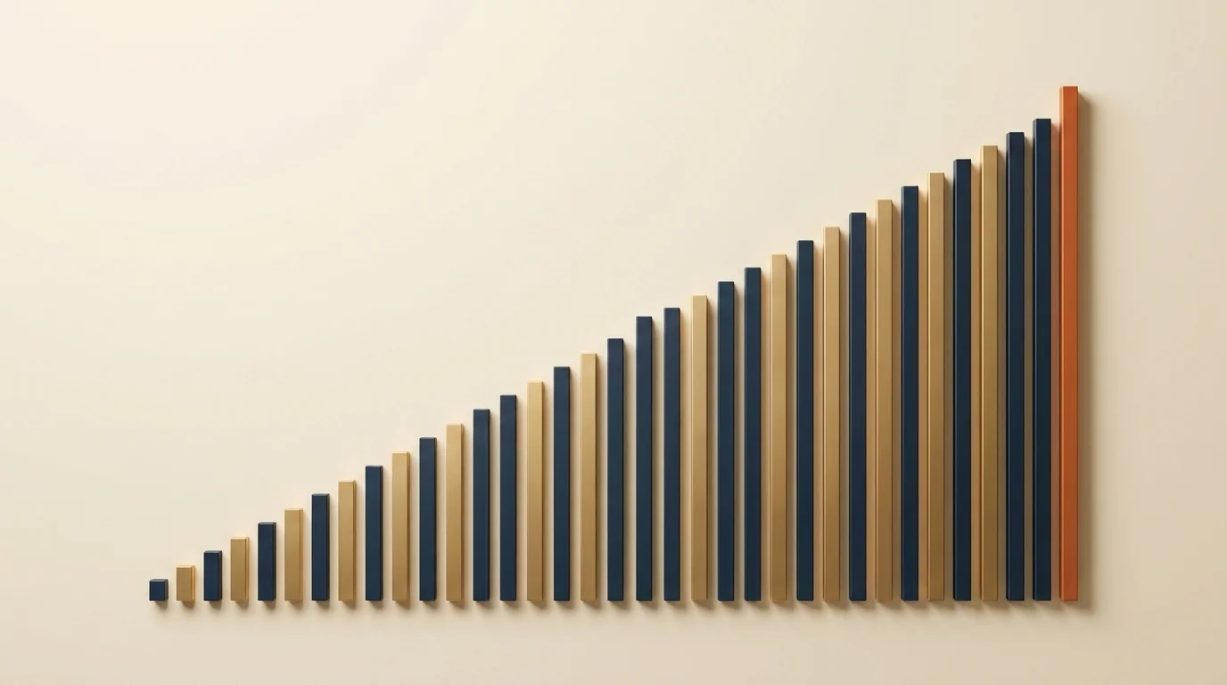 A rising ladder of many ascending bars climbing from a small first deposit to a much larger final one, the 52-week challenge