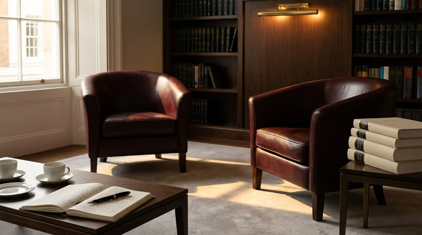 Finance library at golden hour with two cordovan leather chairs facing a low table — open notebook, fountain pen, two coffee cups, stack of annual reports