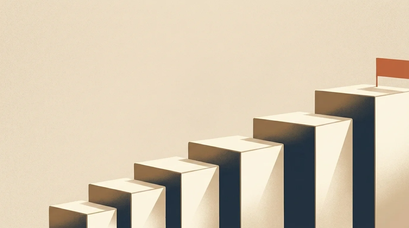 Five ascending steps rising left to right toward a goal at the top, a calm view of building wealth in deliberate order