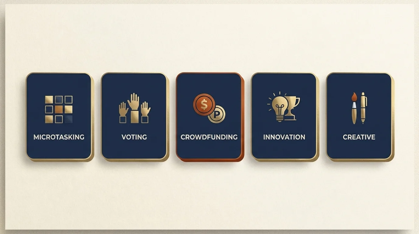 Five titled cards for the main crowdsourcing types — microtasking, voting, crowdfunding, open innovation and creative