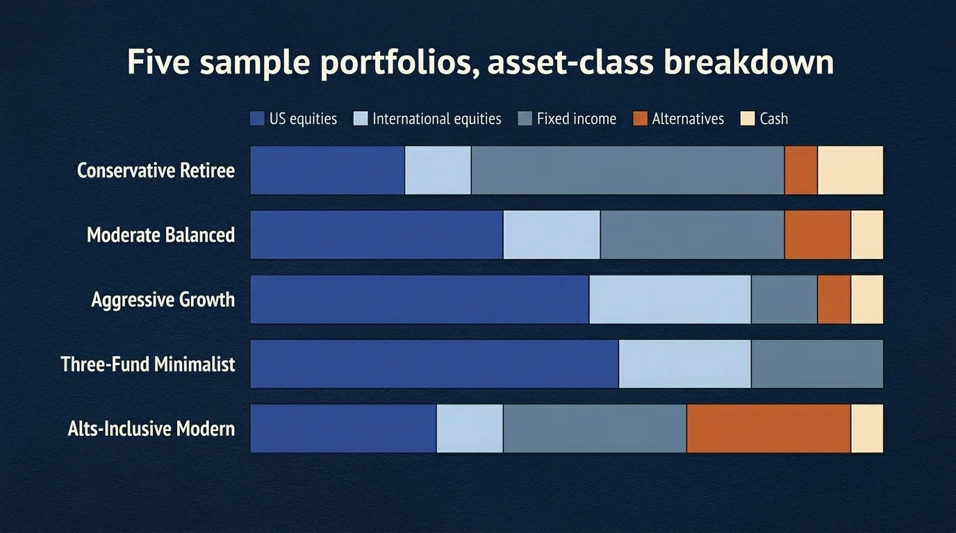 Five sample diversified portfolios compared as horizontal stacked bars across equities, fixed income, alternatives, and cash