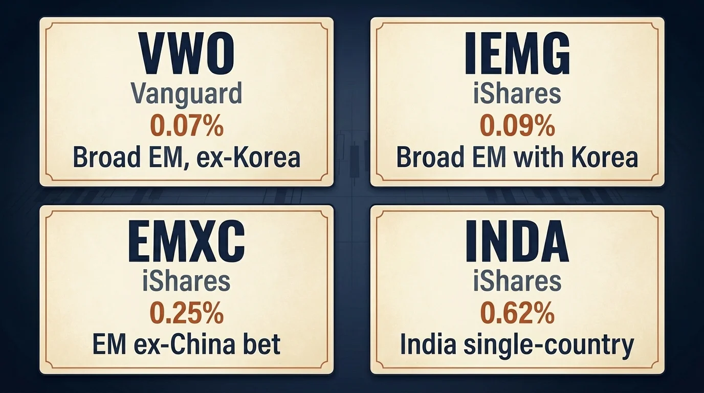 Two-by-two grid of four emerging-market ETFs — VWO, IEMG, EMXC, INDA — showing expense ratio and use case
