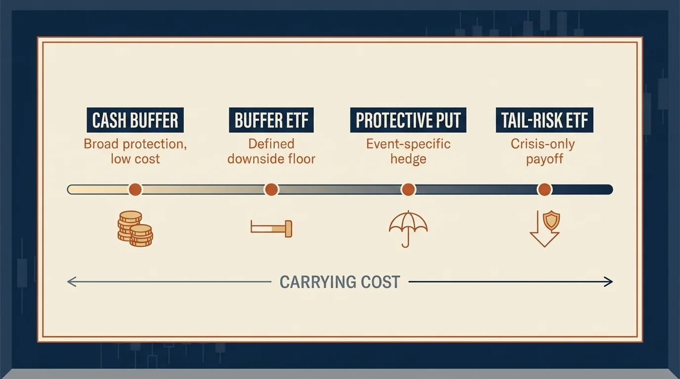 Four hedging instruments arrayed along a horizontal cost-effectiveness axis, from cash buffer to tail-risk ETFs