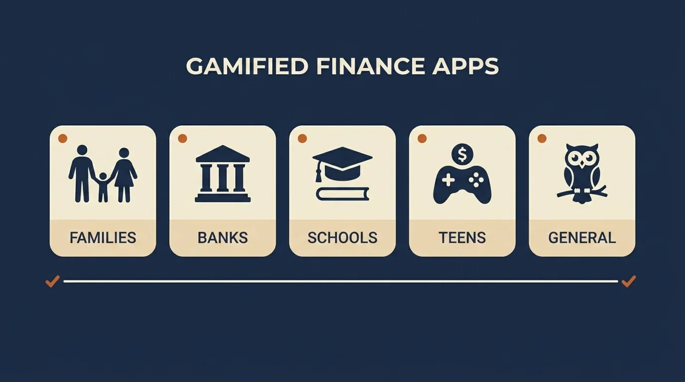 Card-row infographic comparing five gamified financial literacy apps by audience category