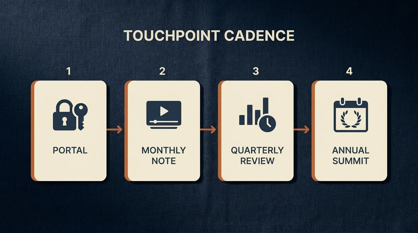 Four-layer HNW digital touchpoint cadence flow: secure portal, monthly note, quarterly review, annual summit