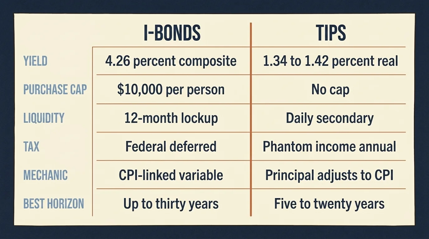 Two-column decision matrix comparing I-Bonds and TIPS across six rows: yield, purchase cap, liquidity, tax, mechanic, horizon