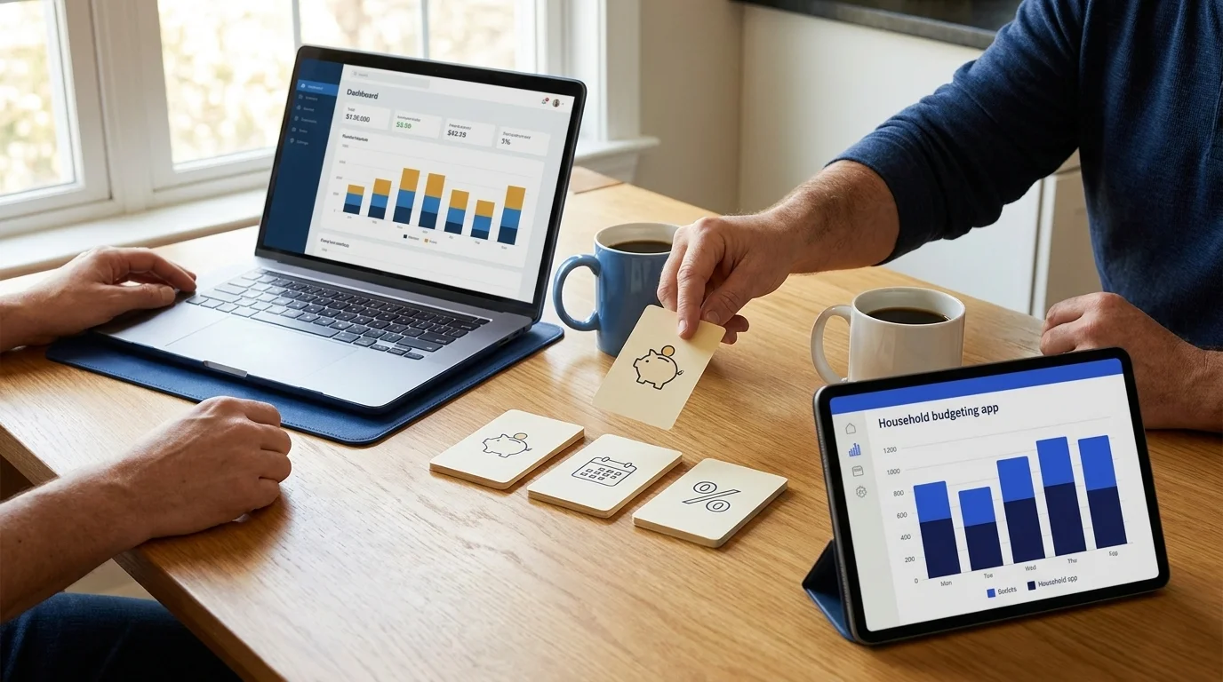 Adult hands at a kitchen table dealing a money management card game beside a tablet running a household budgeting app