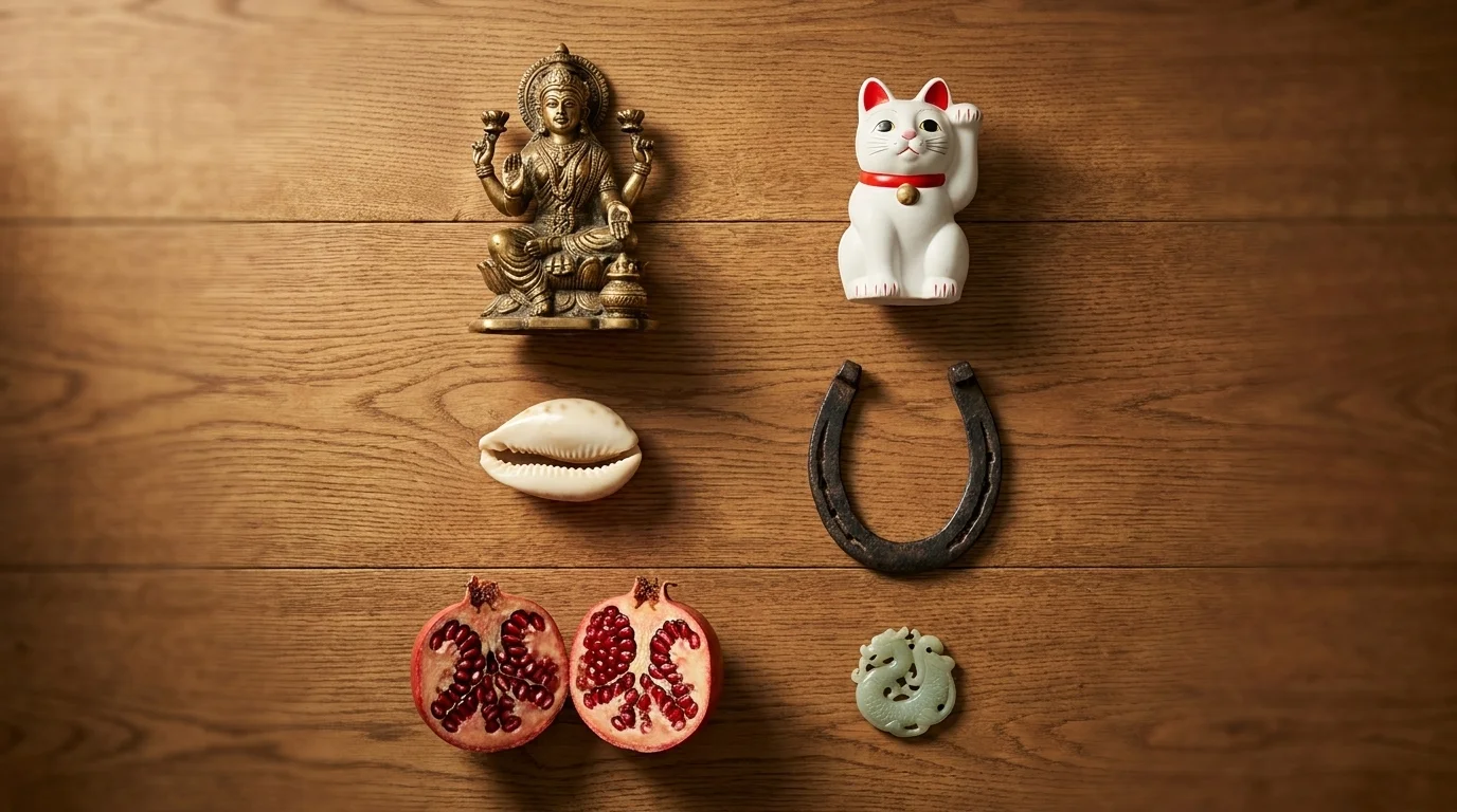 Wealth symbols overhead on warm wood — Lakshmi statue, maneki-neko cat, cowrie shell, horseshoe, halved pomegranate, jade pendant