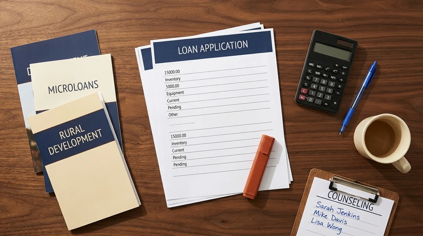 Loan application beside rural-development brochures, a calculator, and a counseling sign-up sheet on a walnut desk