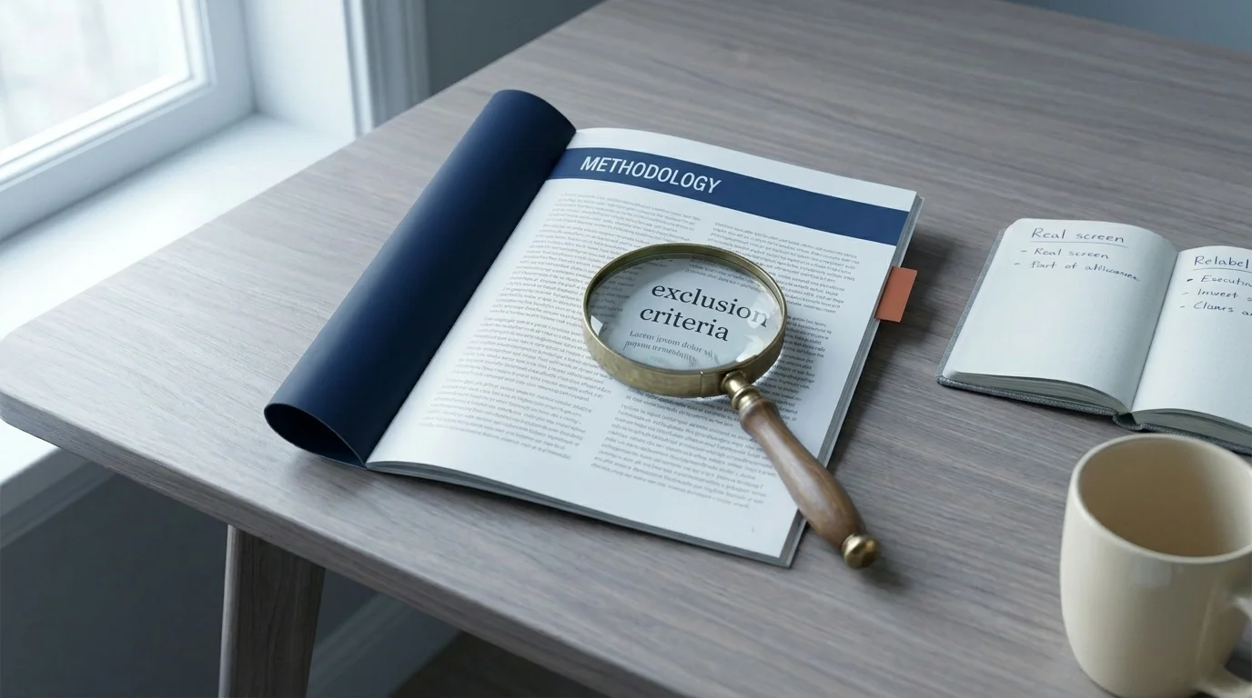 Magnifying glass on the methodology page of a fund prospectus beside a comparison notebook of real screen vs relabel notes
