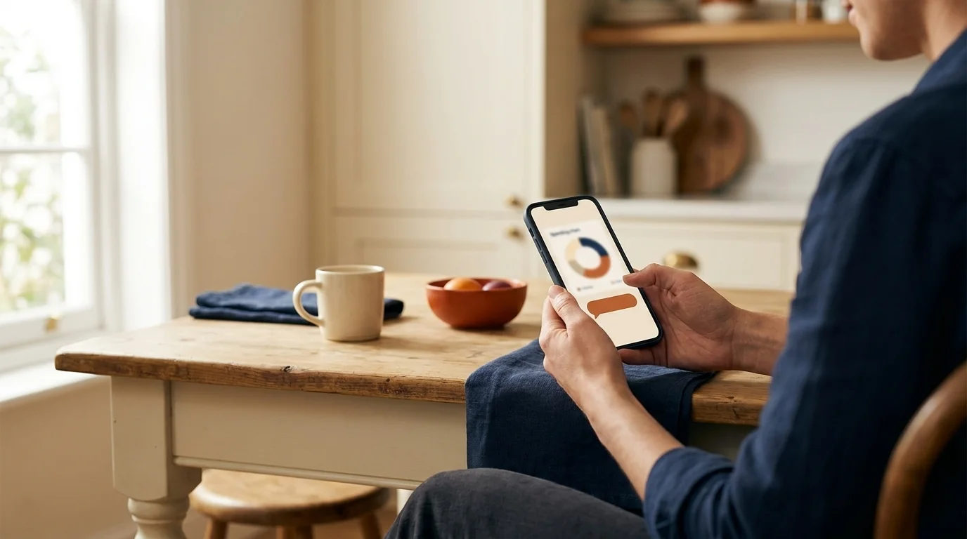 A person at a kitchen table using an AI budgeting app on a smartphone in warm daylight, an everyday finance AI tool