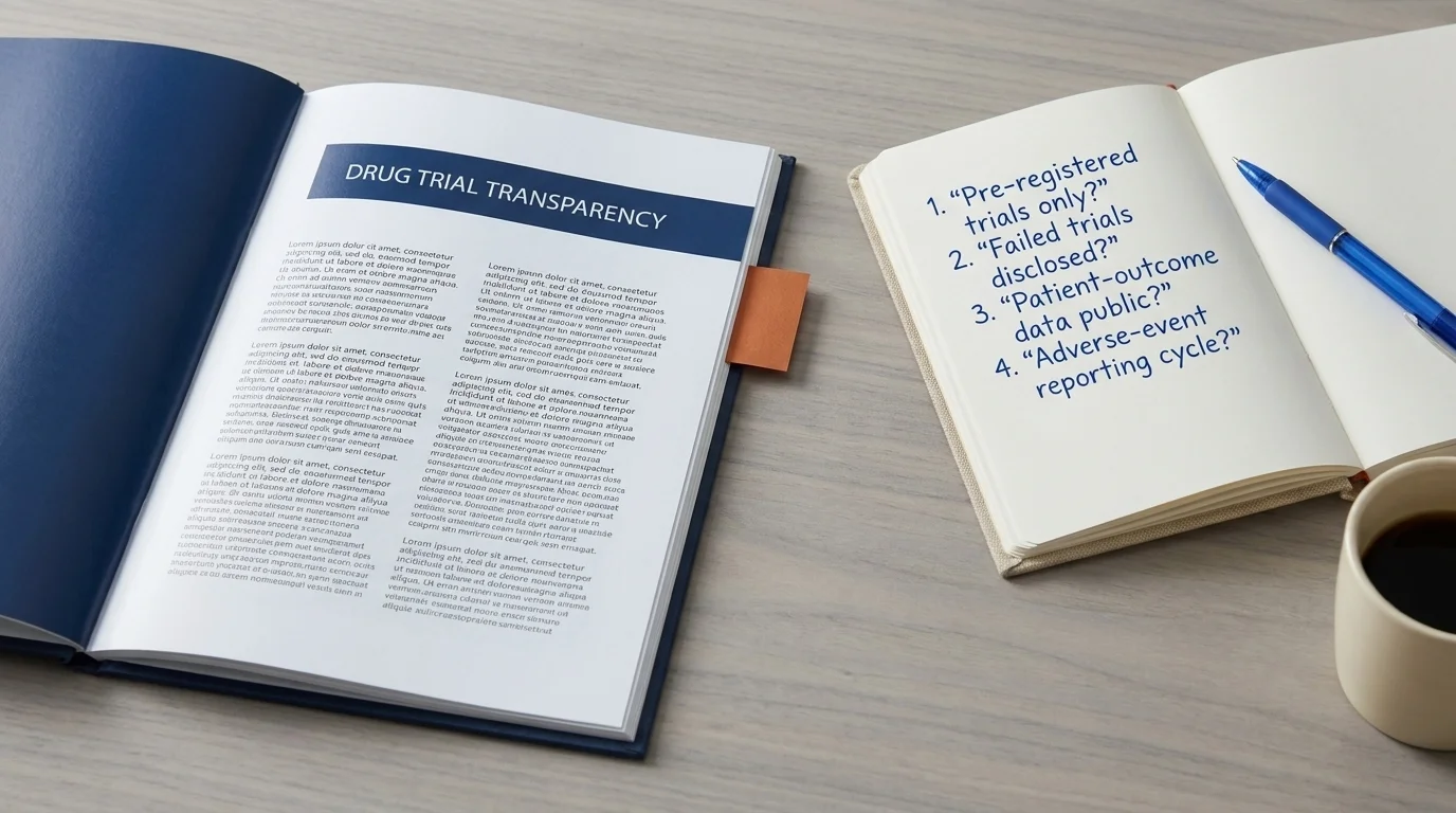 Open pharmaceutical annual report on a drug-trial transparency section beside a screening notebook of 4 questions