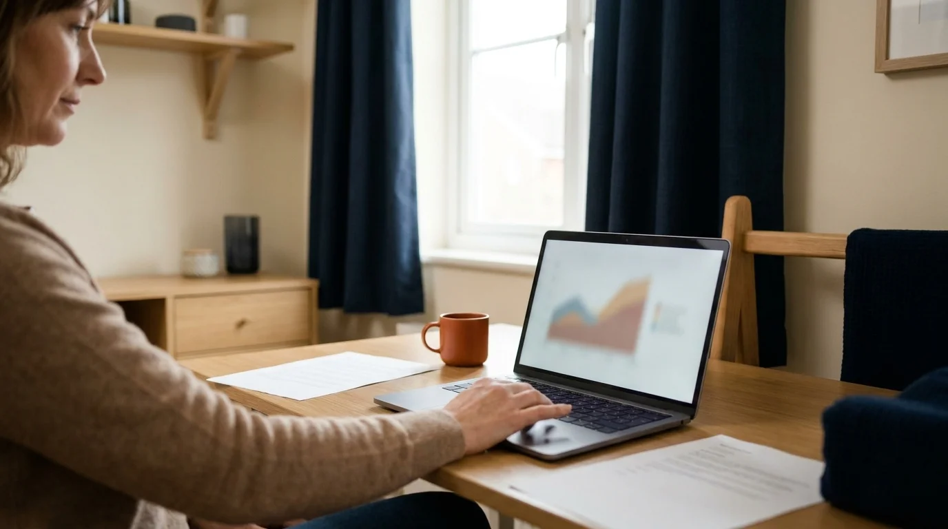 A self-employed person reviewing a retirement account on a laptop at a calm home-office desk, a solo 401k saver