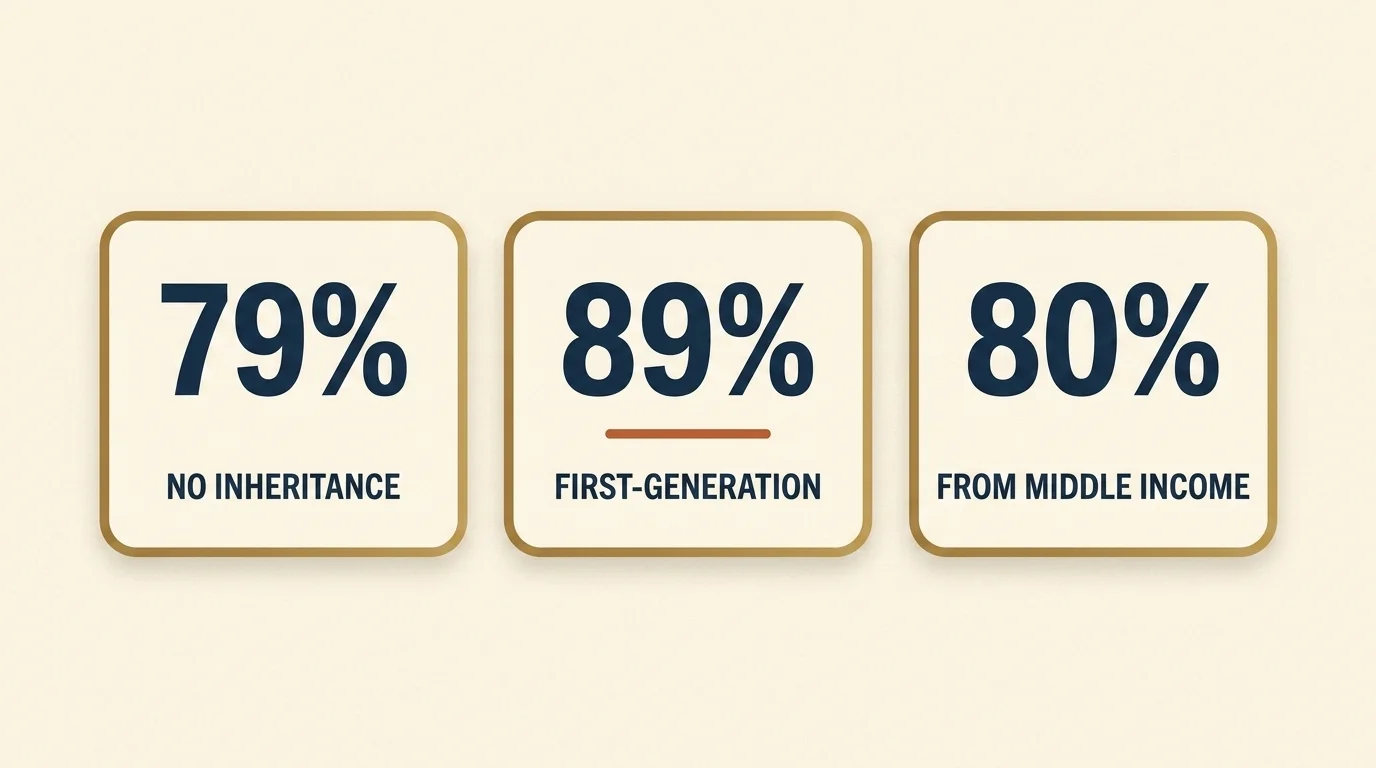Three stat blocks showing most millionaires are self-made — no inheritance, first-generation, and from middle-income families