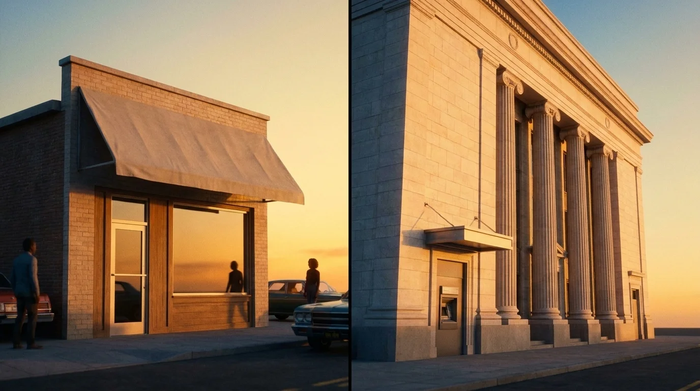 A small neighborhood lending office on one side and a large columned bank branch with an ATM vestibule on the other