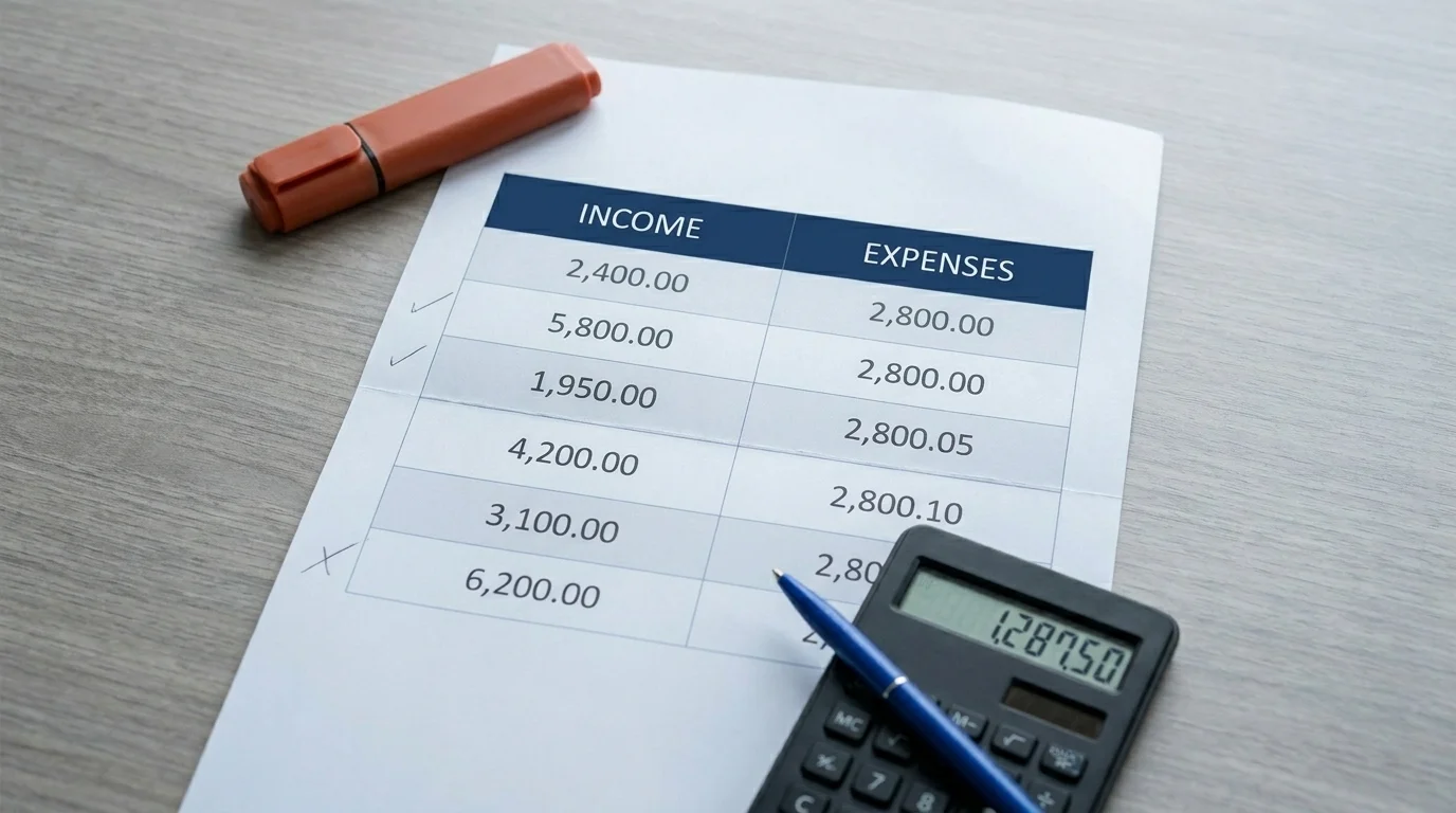 Printed spreadsheet showing variable monthly income against stable expenses with a calculator and pen on a desk