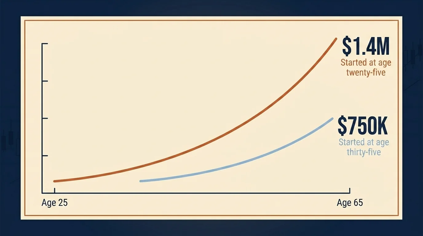 Compound-interest chart comparing $500 monthly contributions starting at age 25 versus age 35, both running to age 65