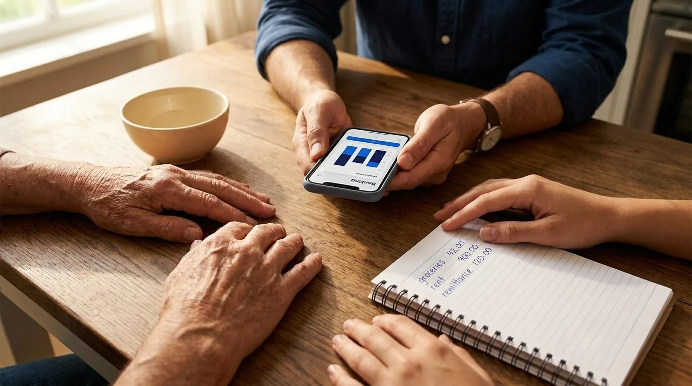 Three generations of hands at a kitchen table with a bowl, a banking-app phone, and a notebook of intergenerational figures