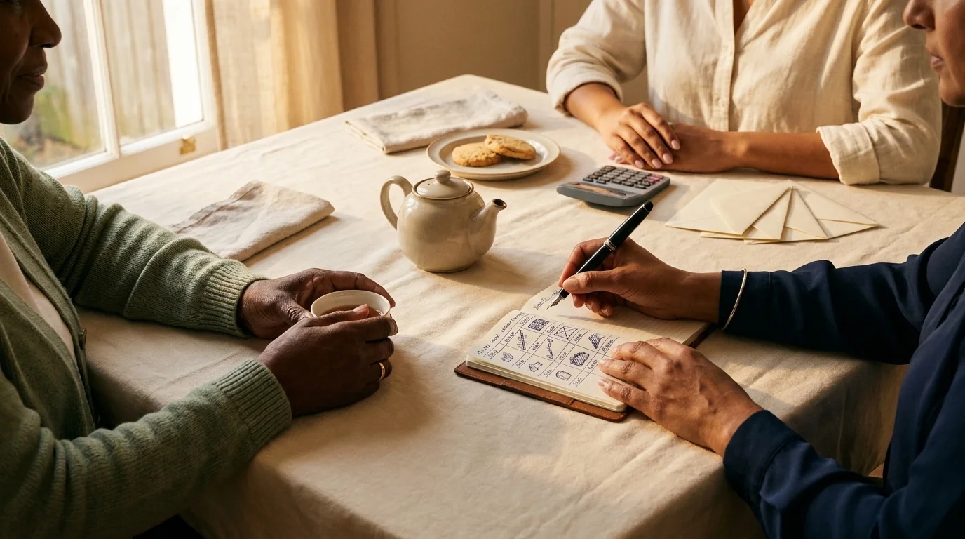 Three pairs of hands across generations at a kitchen table with a handwritten savings schedule, calculator, envelopes, and tea