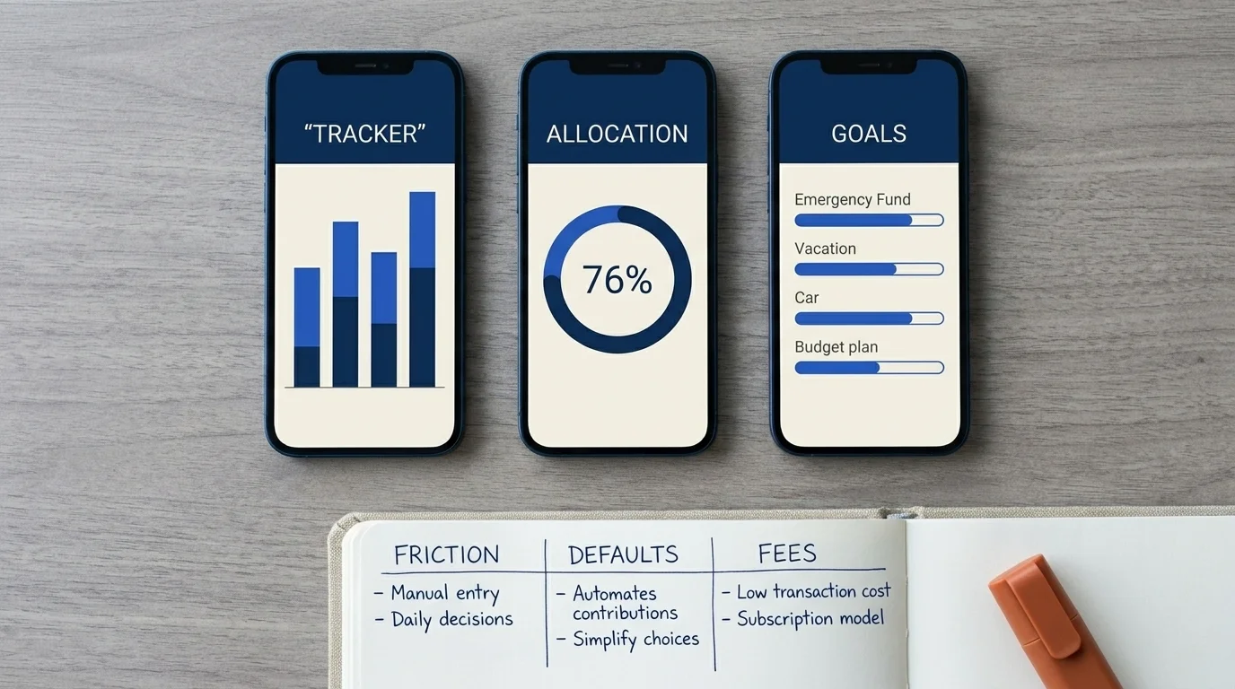 Three smartphones side by side showing tracker, allocation, and goals dashboards beside a friction comparison notebook