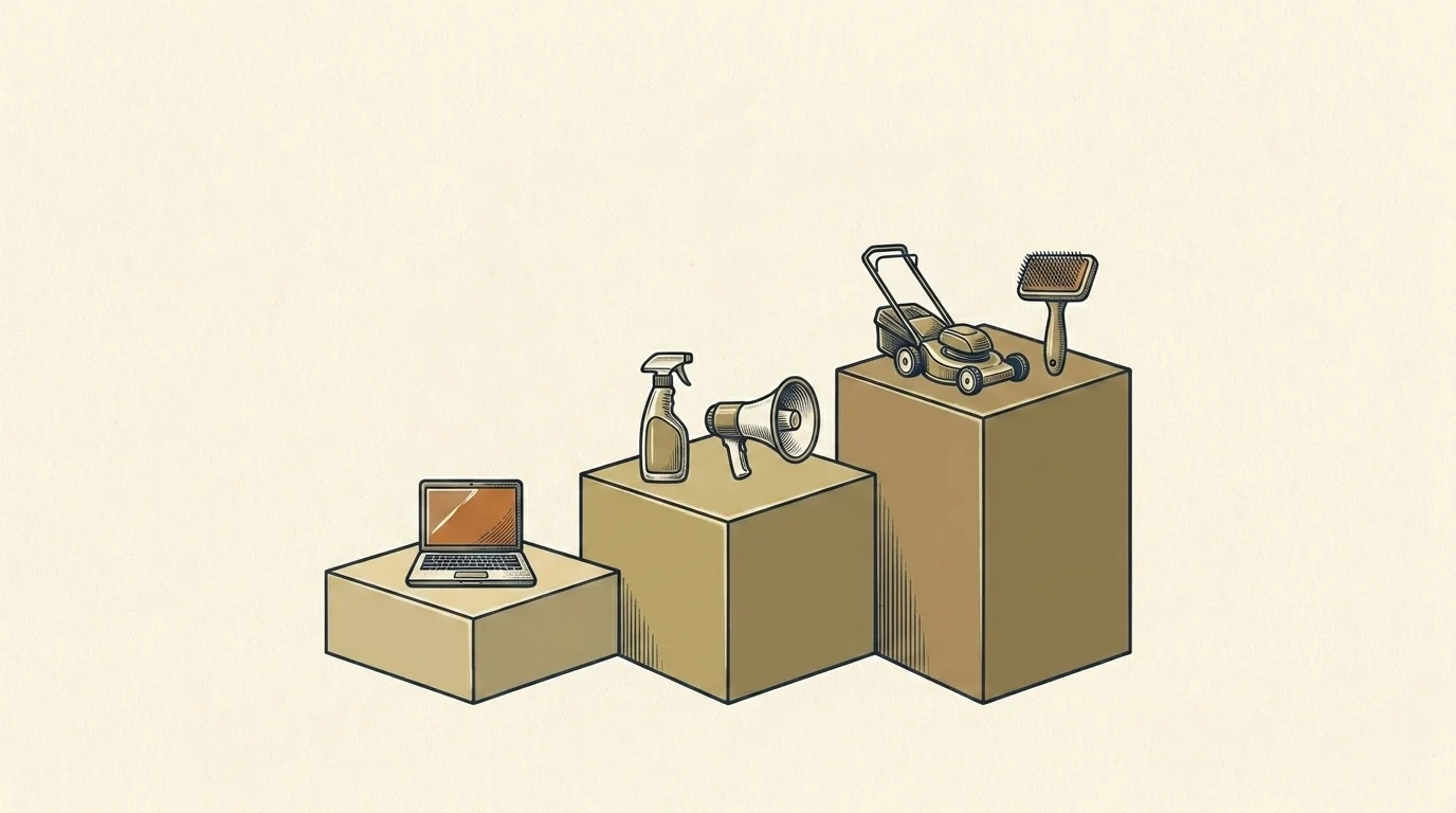 Three ascending budget tiers, each carrying small business icons, from a home laptop tier up to an equipment tier