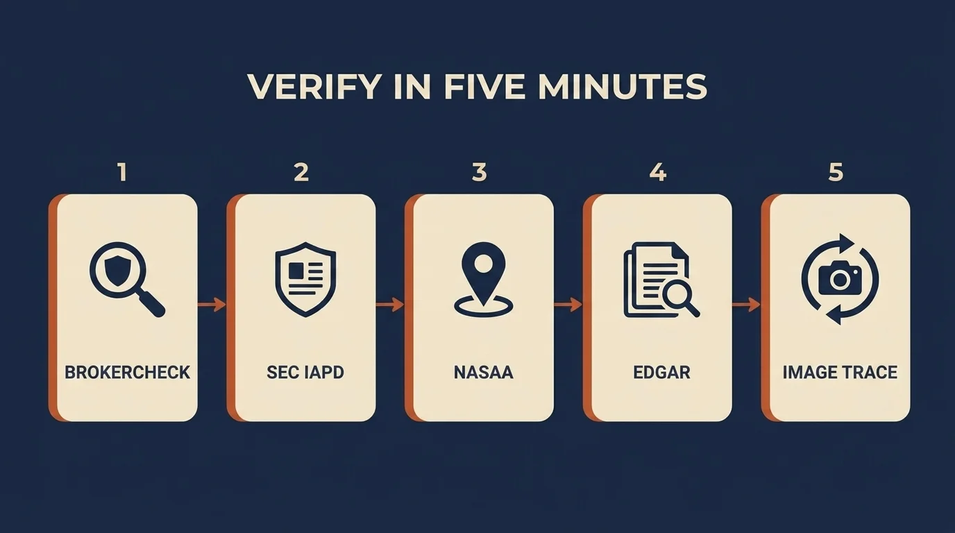 Five-step investment-fraud verification flowchart: BrokerCheck, SEC IAPD, NASAA state lookup, SEC EDGAR, image trace