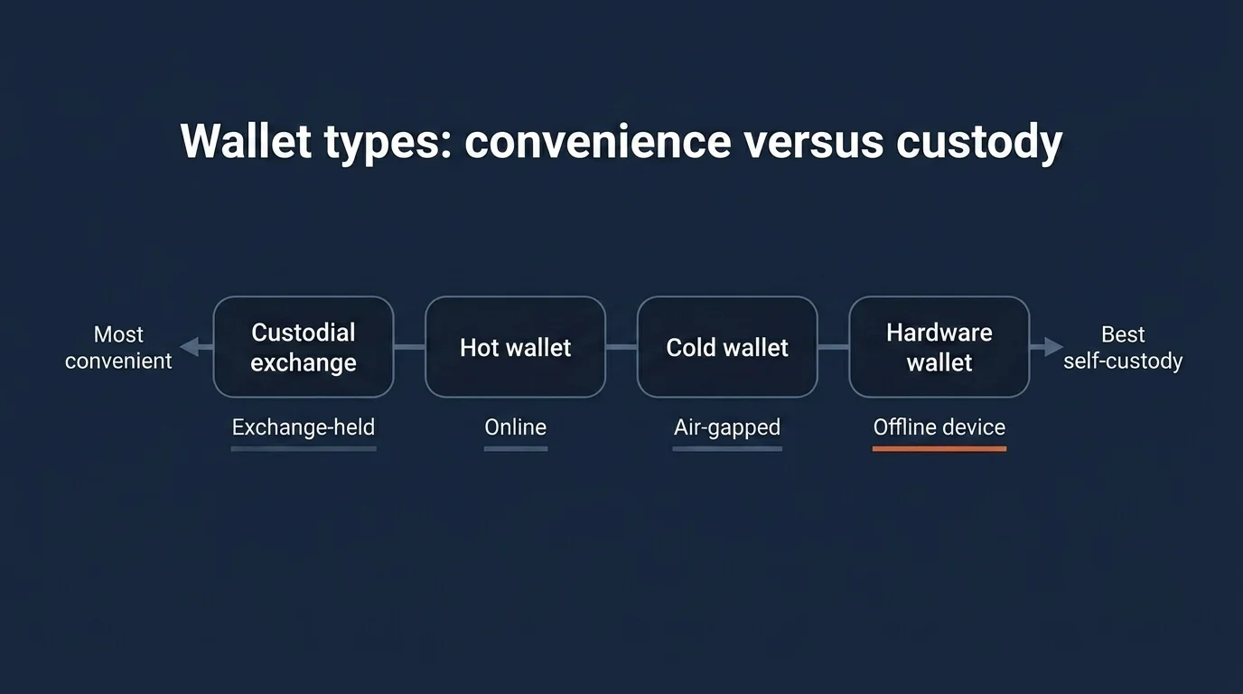 Cold wallet vs hot wallet spectrum: custodial exchange, hot wallet, cold wallet, and hardware wallet ranked on self-custody