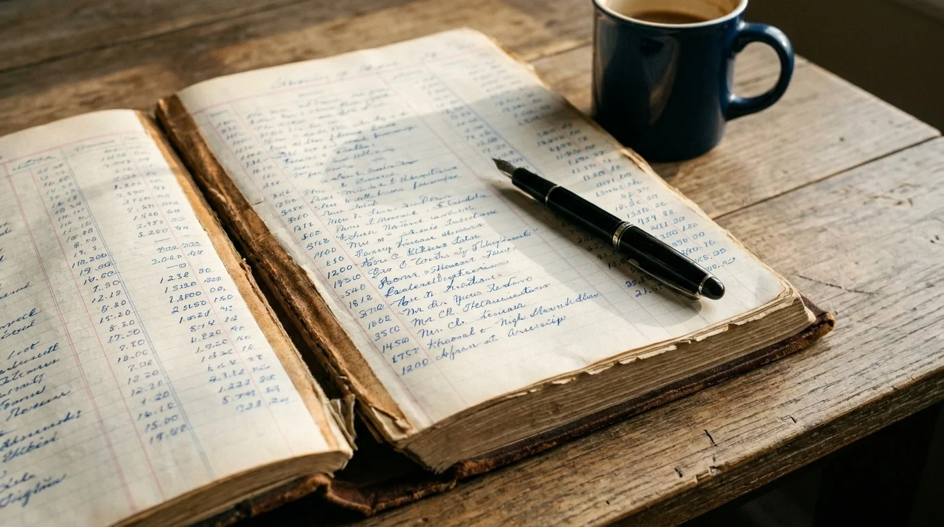 Worn leather ledger open flat on a wooden desk with dated columns of handwritten numbers in blue ink and a black fountain pen beside it