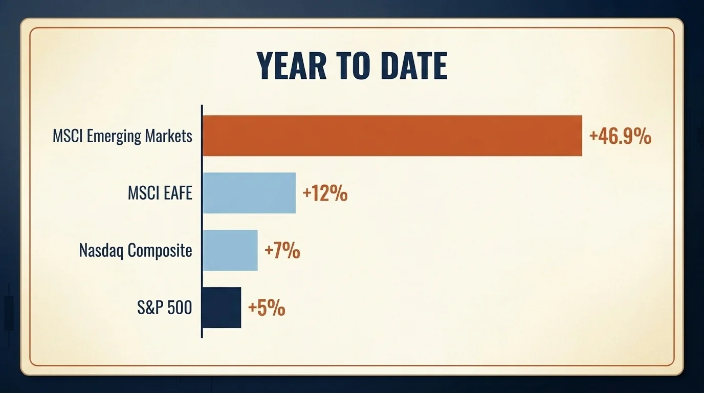 Horizontal bar chart of year-to-date returns across MSCI Emerging Markets, EAFE, S&P 500, and Nasdaq Composite
