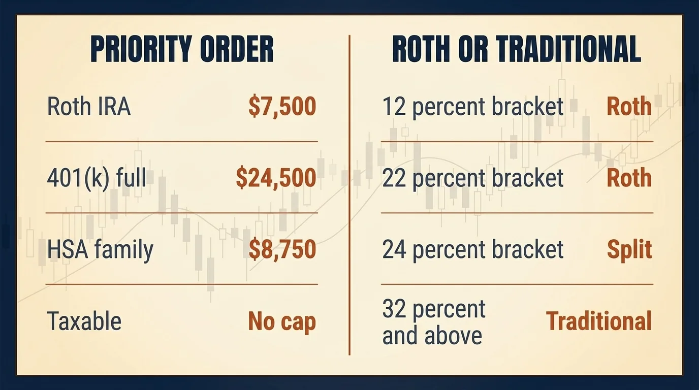 Two-panel infographic with account priority order on left and Roth-vs-Traditional decision matrix on right by tax bracket