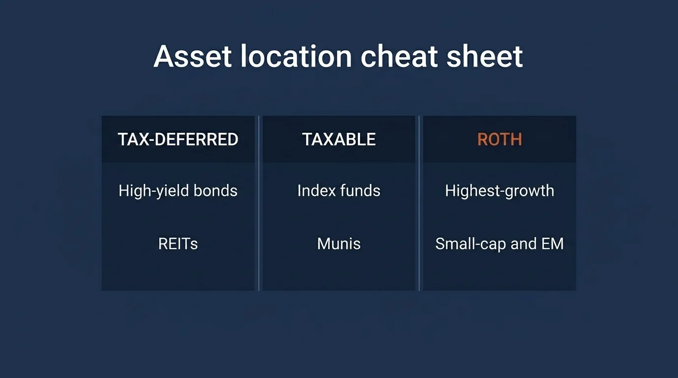 Three-column cheat sheet: TAX-DEFERRED (bonds, REITs), TAXABLE (index, munis), ROTH burnt orange (small-cap, EM)