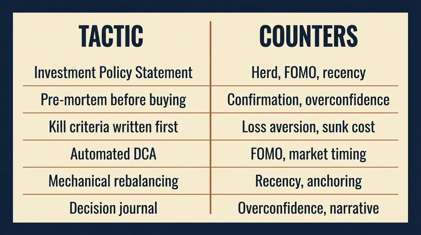 Matrix listing six behavioral mitigation tactics on the left and the cognitive biases each one counters on the right