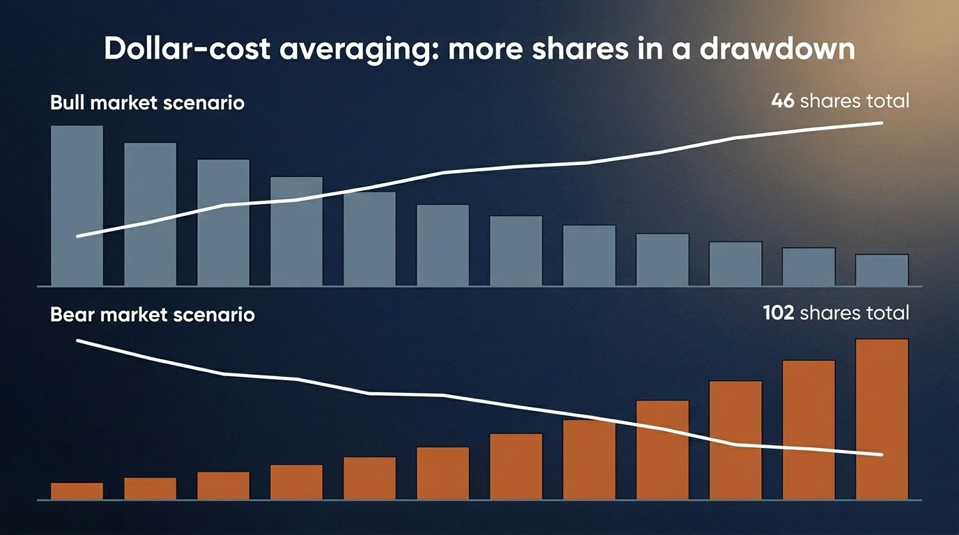 Two panels on deep navy comparing DCA outcomes: bull buys 46 shares (slate), bear buys 102 shares (burnt-orange bars)