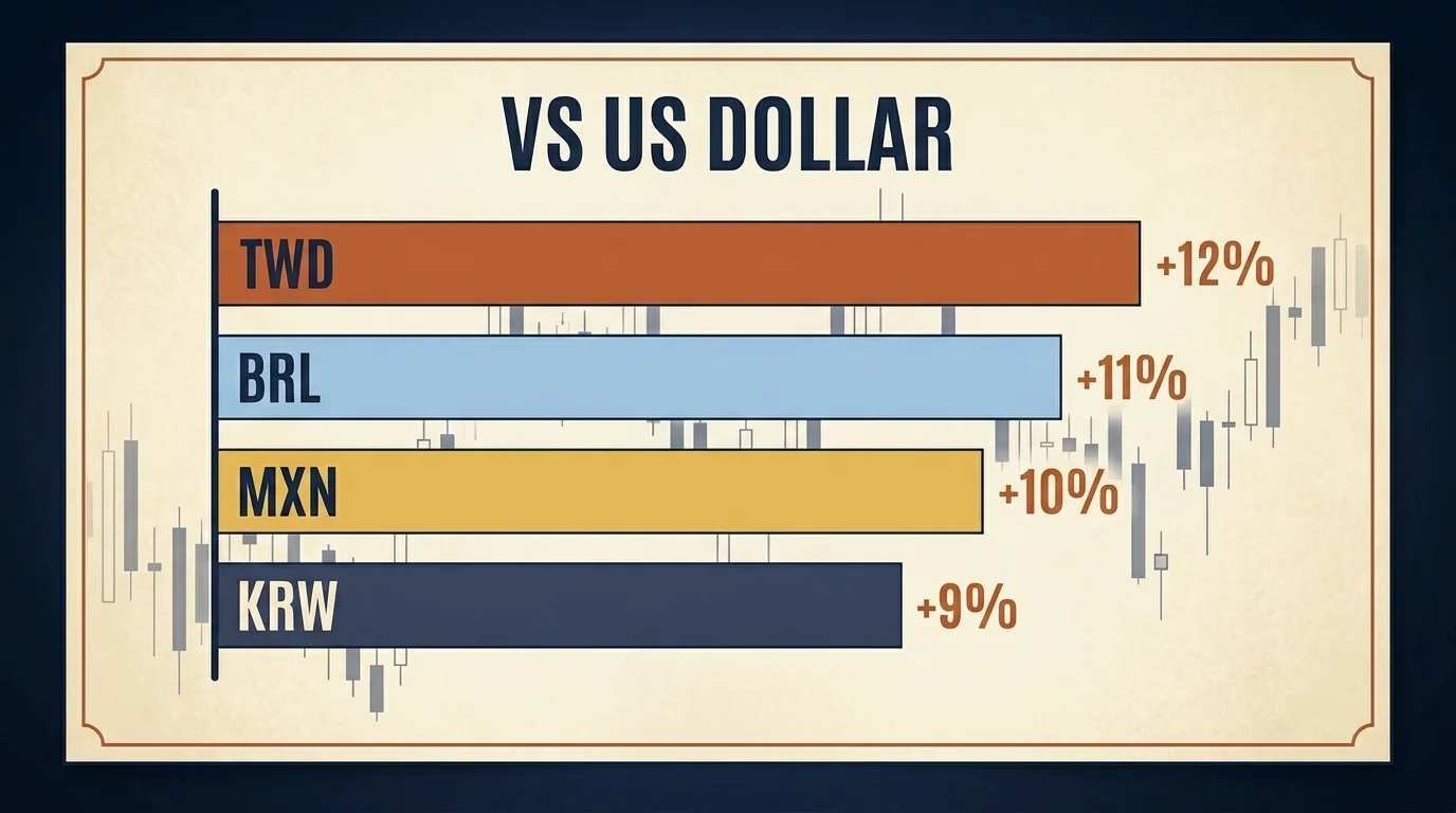 Bar chart of emerging-market currency performance against the US dollar — BRL, TWD, MXN, and KRW gains