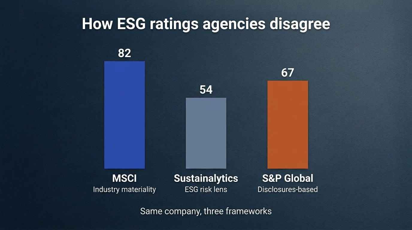 Three bars on deep navy comparing ratings — MSCI 82 (royal blue), Sustainalytics 54 (slate), S&P 67 (burnt orange)