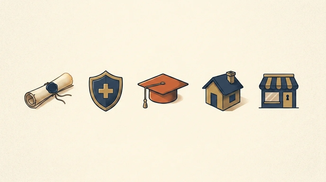 Row of five icons, a wax-sealed deed, shield, graduation cap, house and storefront, for the main wealth-transfer vehicles