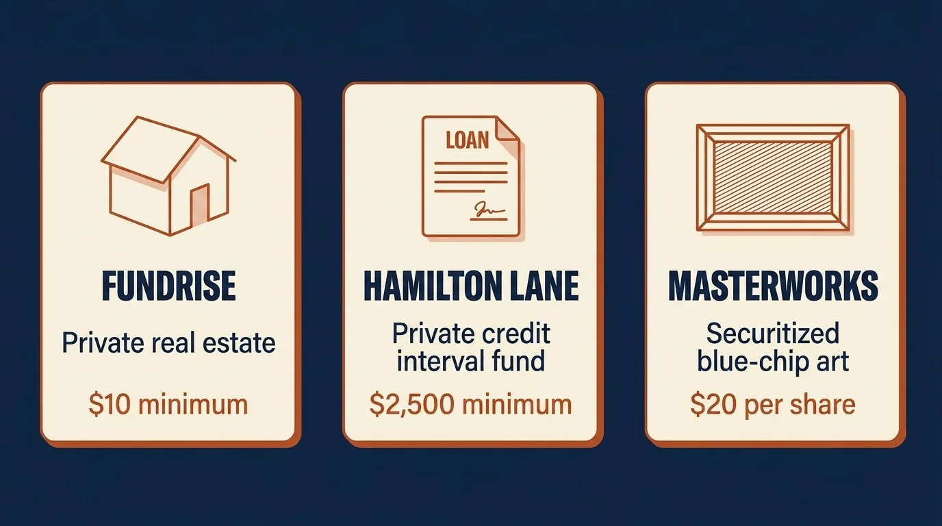 Three comparison tiles showing Fundrise, Hamilton Lane, and Masterworks with their minimums and asset classes