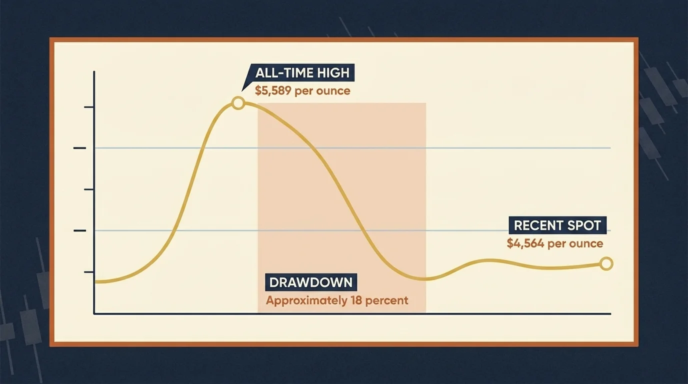 Gold spot price line chart showing all-time high near $5,589 and recent drop to $4,564 with shaded 18% drawdown band